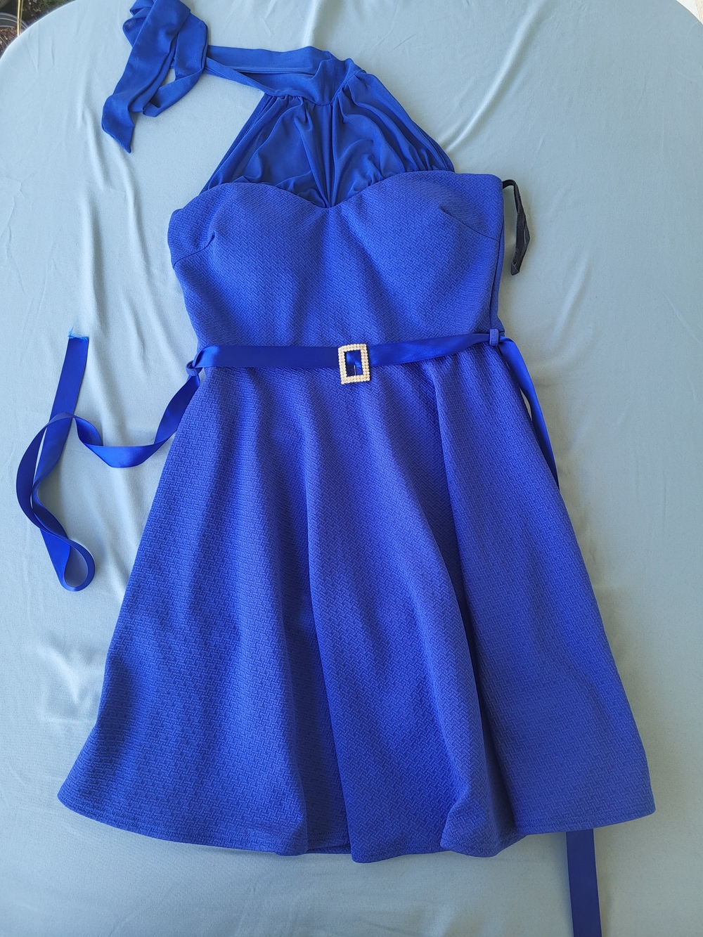 Vintage Y2K Solar U.S.A. Royal Blue Halter Skater Dress - Size Small